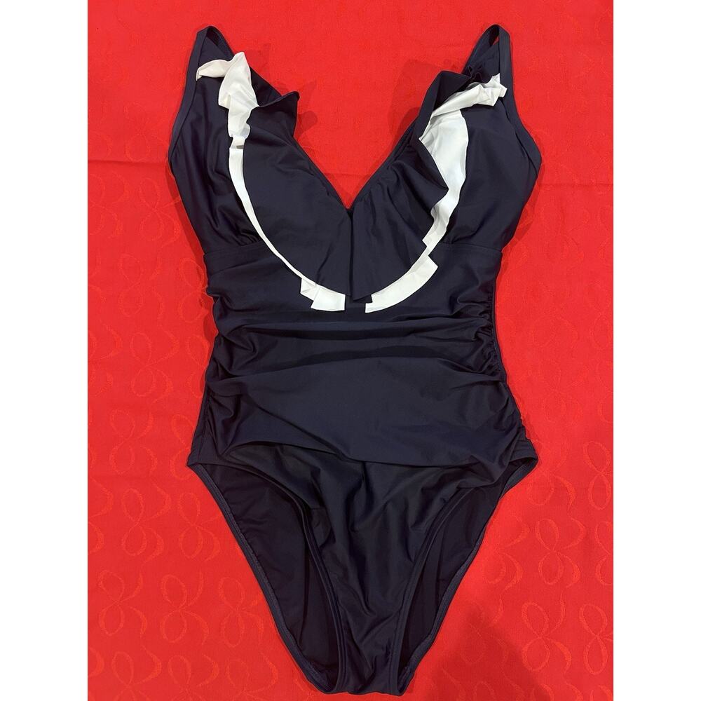 Tommy Hilfiger Ruffle-Front Halter SIZE 10 One-Piece Swimsuit Navy Resortwear